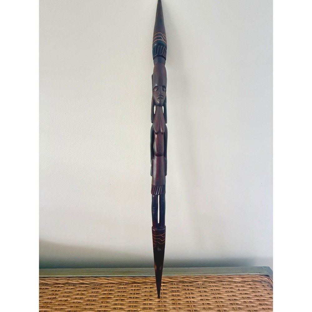 Vintage Makonde Style African Figural Staff Simbo Hand Carved Wood 23 Inch
